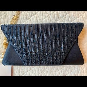 NWT Navy evening bag- satin with adjustable chain